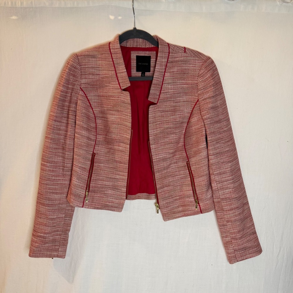 The Limited Womens Red White Tweed Zip Front Blazer Jacket Size M Red Piping